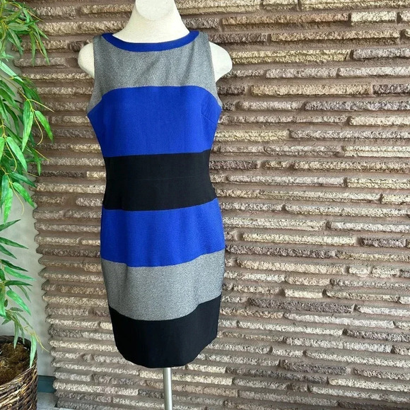 J. Taylor Cobalt Blue Black Gray Colorblock Sleeveless Sheath Dress Size 10 - Picture 1 of 6